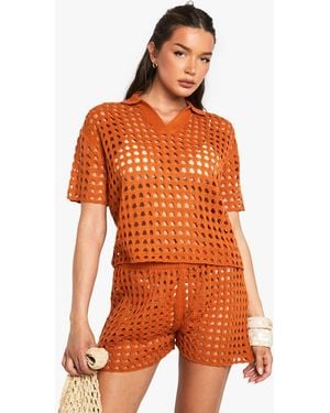 Boohoo Crochet Oversized Shirt And Knitted Short Set - Orange