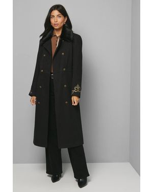 Wallis Faux Fur Collar Embroidered Cuff Military Coat - Gray