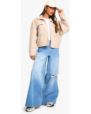 Boohoo Wide Leg Low Rise Distressed Detail Jean - Blue