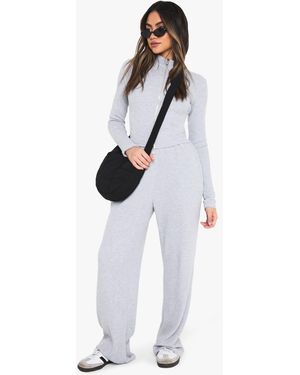 Boohoo Waffle Zip Through Top Wide Leg Jogger Tracksuit - White
