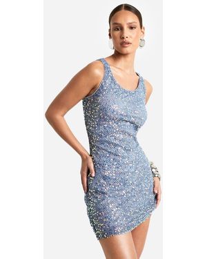 Boohoo Racer Neck Crotchet Sequin Mini Dress - Blue