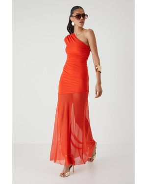 MissPap Mesh Ruched One Shoulder Maxi Dress - Red