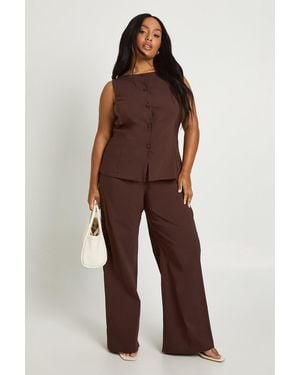 Boohoo Plus Super Stretch Fitted Long Line Waistcoat & Wide Leg Pants - Brown