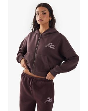 Boohoo Contrast Script Boxy Crop Zip Through Hoodie - Brown