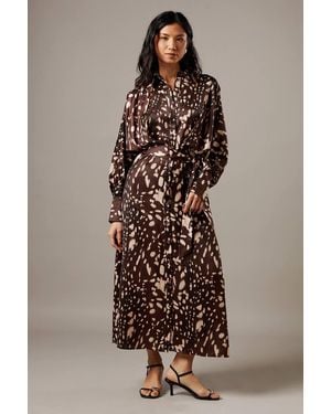 Warehouse Print Satin Batwing Split Side Midi Shirt Dress - Brown