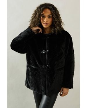 Wallis Pu Detail Faux Fur Jacket - Black