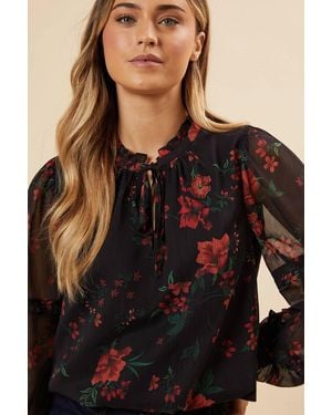 Dorothy Perkins Spaced Floral Chiffon Ruffle Sleeve Shirred Hem Blouse - Black