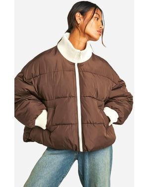 Boohoo Contrast Rib Puffer Jacket - Brown