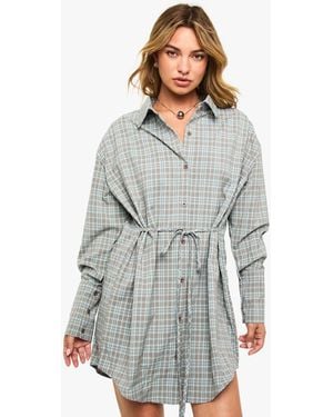 Boohoo Check Cinched Waist Shirt Dress - Gray
