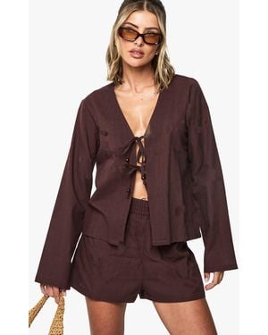 Boohoo Linen Tie Front Beaded Beach Co Ord - Morado