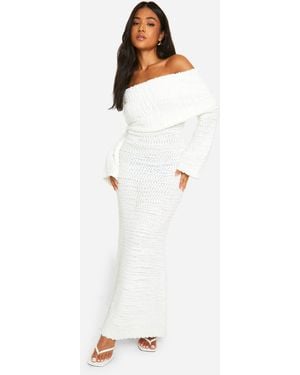 Boohoo Petite Boucle Extreme Foldover Bardot Knitted Maxi Dress - White