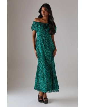 Warehouse Chiffon Bardot Godet Insert Milkmaid Midi Dress - Green