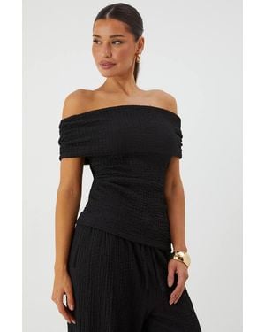 MissPap Crinkle Textured Off Shoulder Top - Black