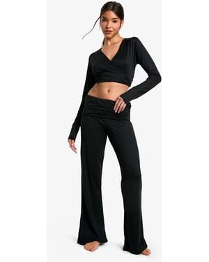 Boohoo Loungewear Soft Touch Foldover Wide Leg Pants - Blue