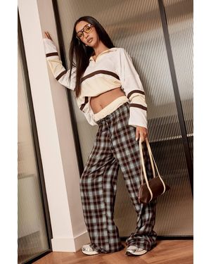Boohoo Check Wide Leg Drawcord Waist Pants - Brown