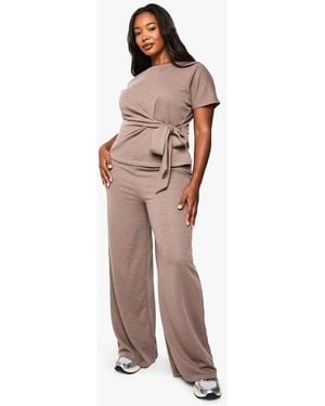 Boohoo Plus Knitted Wide Leg Pants - Brown