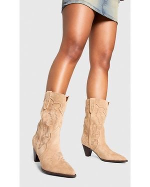 Boohoo Cone Heeled Calf High Western Boots - Natural