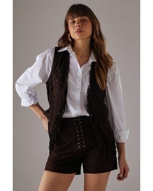 Warehouse Real Suede Fringed Waistcoat - Black