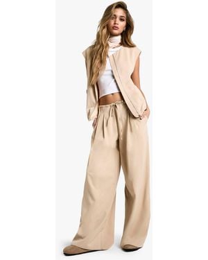 Boohoo Drawstring Waist Woven Fluid Pants - Natural