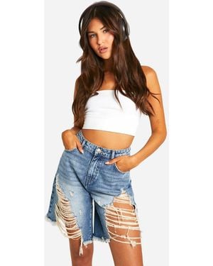 Boohoo High Waisted Extreme Distressed Denim Shorts - Blue
