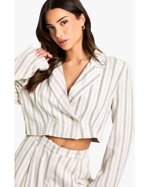 Boohoo Petite Stripe Linen Look Cropped Blazer - White