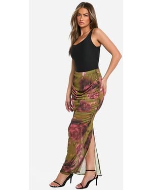 Boohoo Floral Mesh Ruched Maxi Skirt - Green