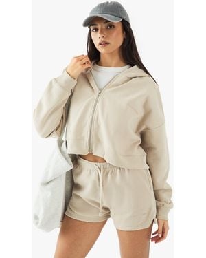 DSGN Studio Dsgn Studio Embroidered Zip Through Boxy Crop Hoodie - Natural