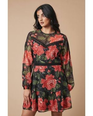 Oasis Occasion Floral Metallic Lace Trim Mini Dress - Red