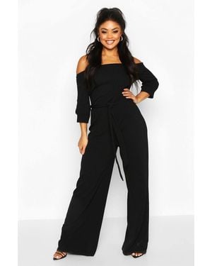 Boohoo Plus Off Shoulder Tailored Self Belt Jumpsuit - Black