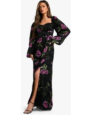 Boohoo Floral Burnout Milkmaid Maxi Dress - Black