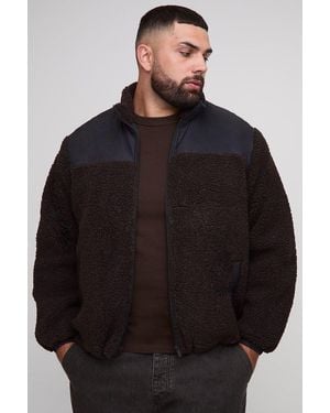 BoohooMAN Plus Borg Zip Through Nylon Panel Funnel Neck Jacket - Schwarz