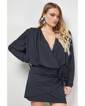 Warehouse Hotfix Plunge Neck Shoulder Pad Rosette Mini Dress - Blue