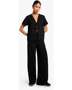 Boohoo Rib Tie Front Short Sleeve Top And Trouser Co-Ord - Black