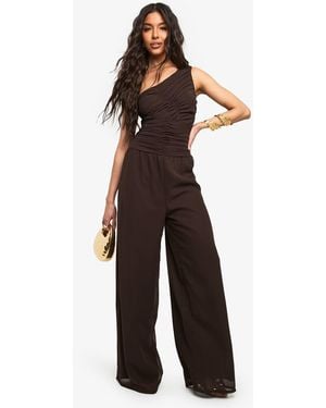 Boohoo Chiffon One Shoulder Ruched Jumpsuit - Brown