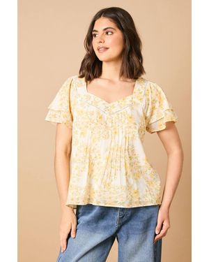 Oasis Printed Trim Detail Ruffle Sleeve Smock Top - Blue