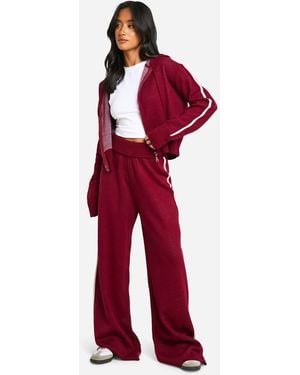 Boohoo Petite Stripe Detail Knitted Hoodie And Waist Detail Flared Trouser