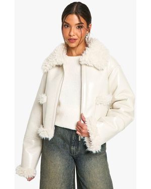 Boohoo Vinyl Faux Fur Trim Jacket - Natural