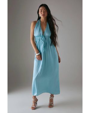 Warehouse Petite Crinkle Satin Halter Drawstring Waist Bias Midi Dress - Blue
