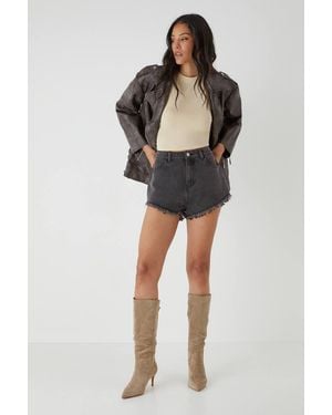 MissPap Washed Denim Frayed Relaxed Shorts - Black