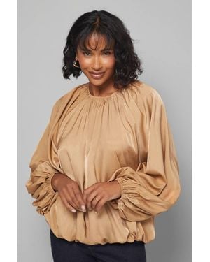 Wallis Gathered Puff Hem Blouse - Gray