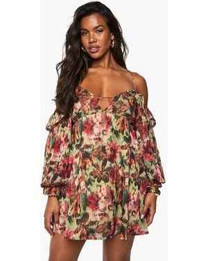 Boohoo Floral Printed Chiffon Cold Shoulder Layered Mini Dress - Green