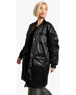 Boohoo Oversized Longline Satin Bomber Jacket - Black