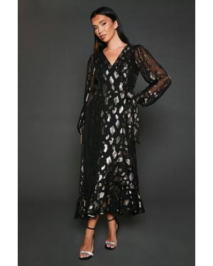 Dorothy Perkins Jacquard Ruffle Wrap Long Sleeve Midi Dress - Black