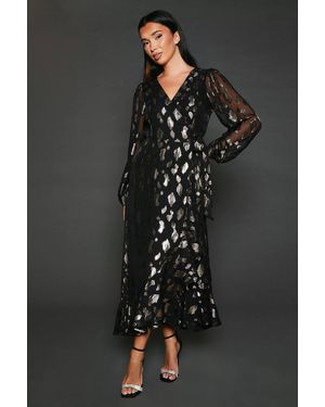 Dorothy Perkins Jacquard Ruffle Wrap Long Sleeve Midi Dress - Black