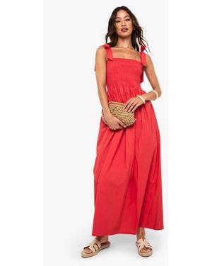 Boohoo Tall Tie Strap Shirred Poplin Maxi Dress