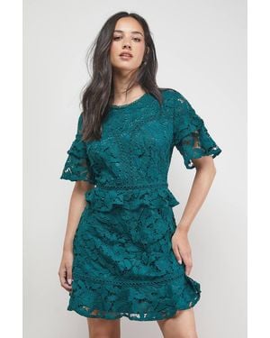 Oasis Lace Trim Detail Frill Sleeve Mini Dress - Blue