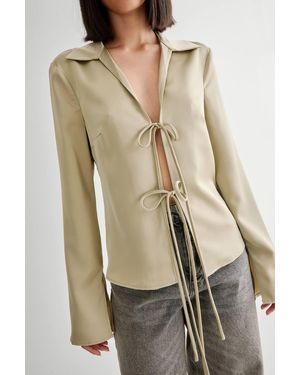 Nasty Gal Satin Collar Tie Front Long Sleeve Shirt - Natural
