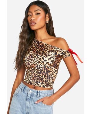 Boohoo Slinky Asymmetric Ribbon Detail Top - White