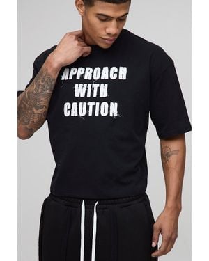 Boohoo Shrunken Caution Slogan Distressed Applique T-Shirt - Blue