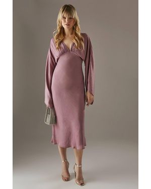 Warehouse Flare Sleeve Plunge Satin Midi Dress - Brown